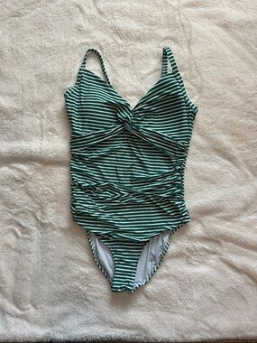 Nip Tuck.  Green Striped Twist-Front One-Piece Swimsuit